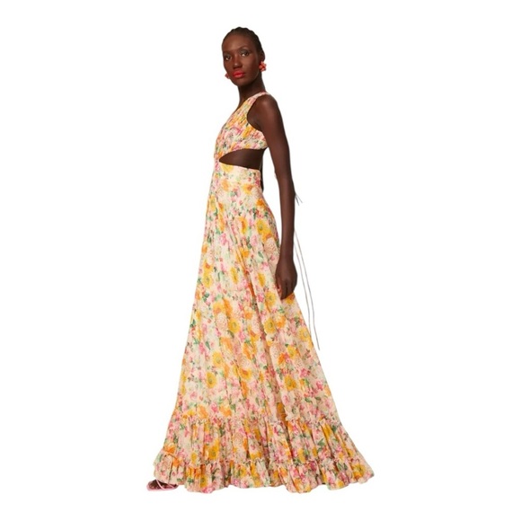 Leena for MacDuggal Floral Tie Back Maxi Gown Waist Cutouts in Chiffon Size 10 - Picture 2 of 11